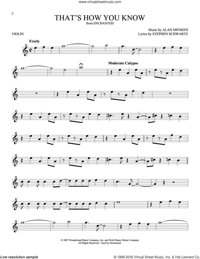 That's How You Know (from Enchanted) sheet music for violin solo by Alan Menken, Amy Adams and Stephen Schwartz, intermediate skill level