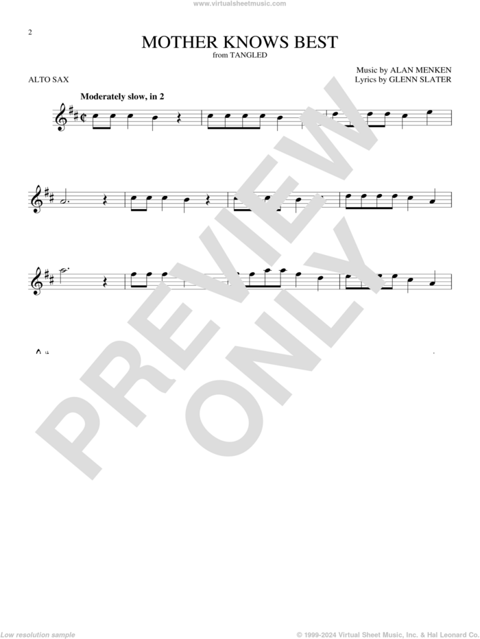 Mother Knows Best (from Disney's Tangled) sheet music for alto saxophone solo by Alan Menken, Donna Murphy and Glenn Slater, intermediate skill level