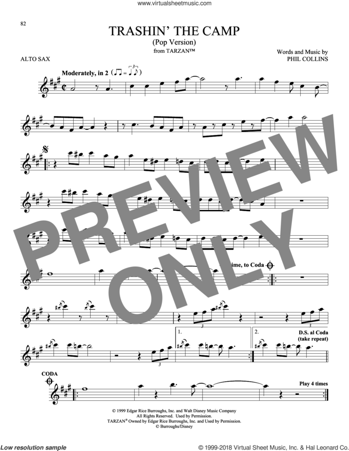Trashin' The Camp (Pop Version) (from Tarzan) sheet music for alto saxophone solo by Phil Collins, intermediate skill level