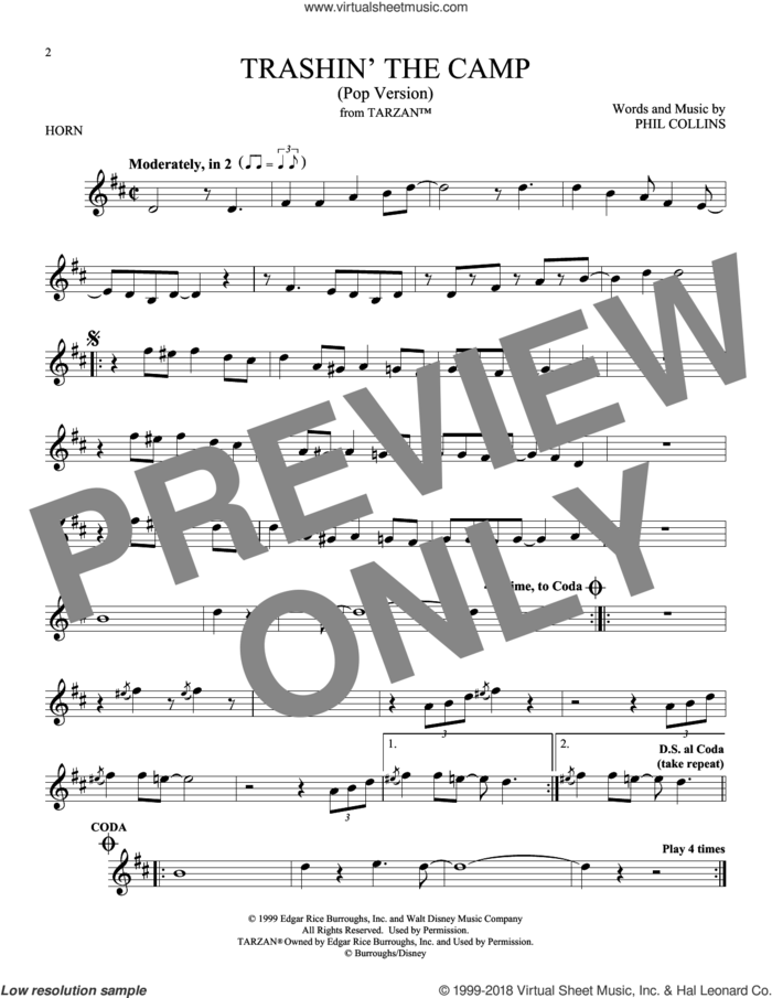 Trashin' The Camp (Pop Version) (from Tarzan) sheet music for horn solo by Phil Collins, intermediate skill level