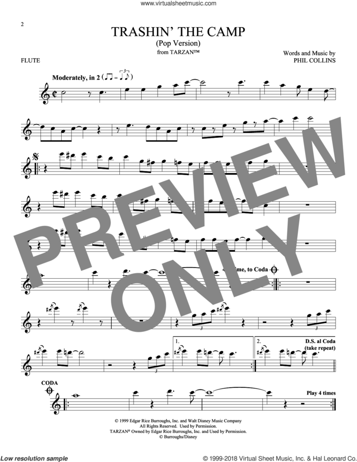Trashin' The Camp (Pop Version) (from Tarzan) sheet music for flute solo by Phil Collins, intermediate skill level