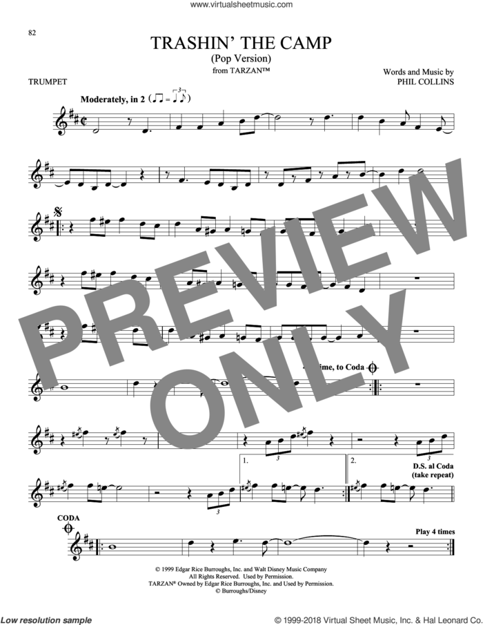 Trashin' The Camp (Pop Version) (from Tarzan) sheet music for trumpet solo by Phil Collins, intermediate skill level