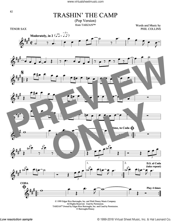 Trashin' The Camp (Pop Version) (from Tarzan) sheet music for tenor saxophone solo by Phil Collins, intermediate skill level
