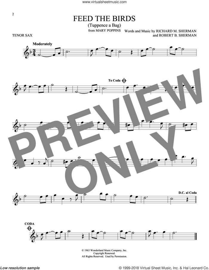 Feed The Birds (Tuppence A Bag) (from Mary Poppins) sheet music for tenor saxophone solo by Sherman Brothers, Richard M. Sherman and Robert B. Sherman, intermediate skill level