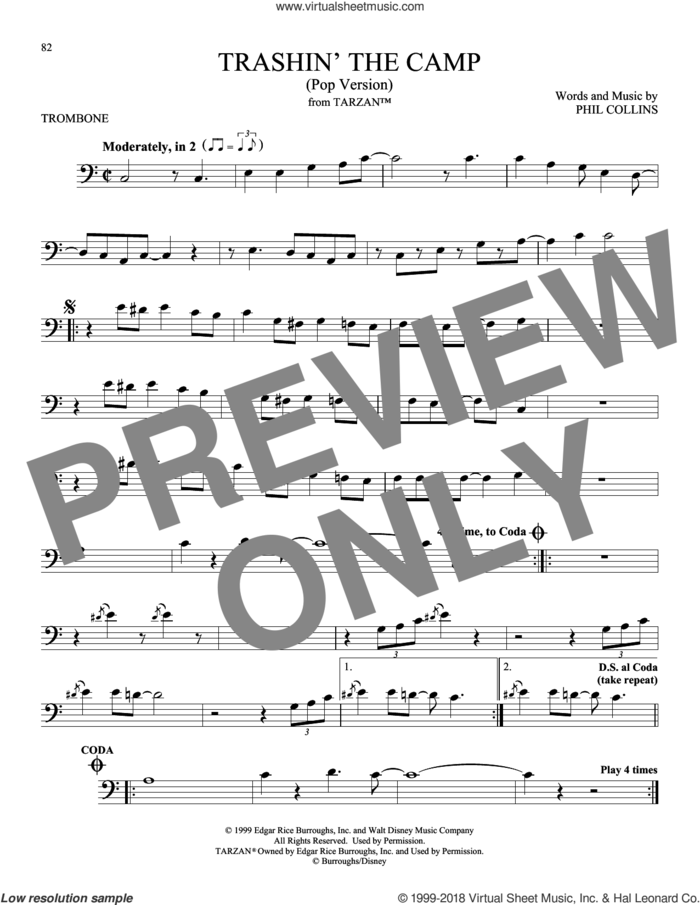 Trashin' The Camp (Pop Version) (from Tarzan) sheet music for trombone solo by Phil Collins, intermediate skill level