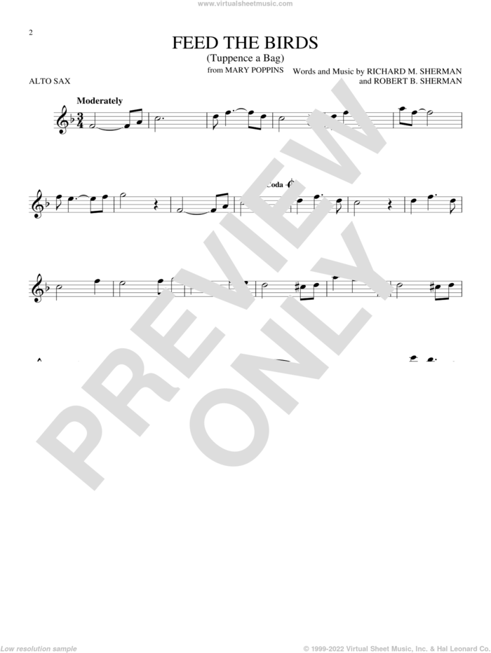 Feed The Birds (Tuppence A Bag) (from Mary Poppins) sheet music for alto saxophone solo by Richard M. Sherman and Robert B. Sherman, intermediate skill level