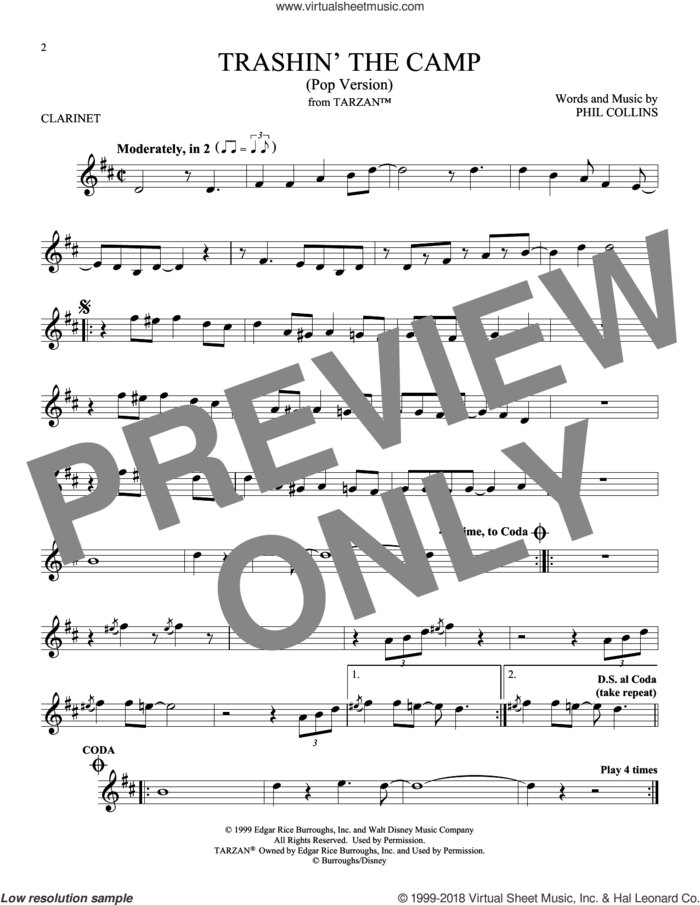 Trashin' The Camp (Pop Version) (from Tarzan) sheet music for clarinet solo by Phil Collins, intermediate skill level