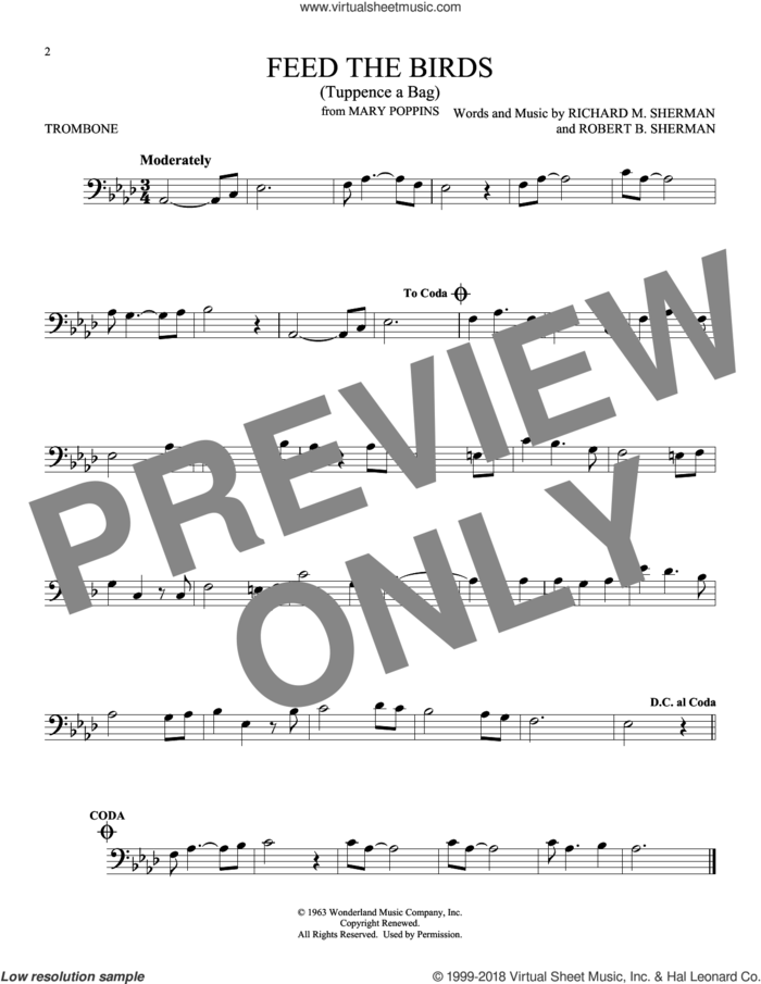 Feed The Birds (Tuppence A Bag) (from Mary Poppins) sheet music for trombone solo by Sherman Brothers, Richard M. Sherman and Robert B. Sherman, intermediate skill level