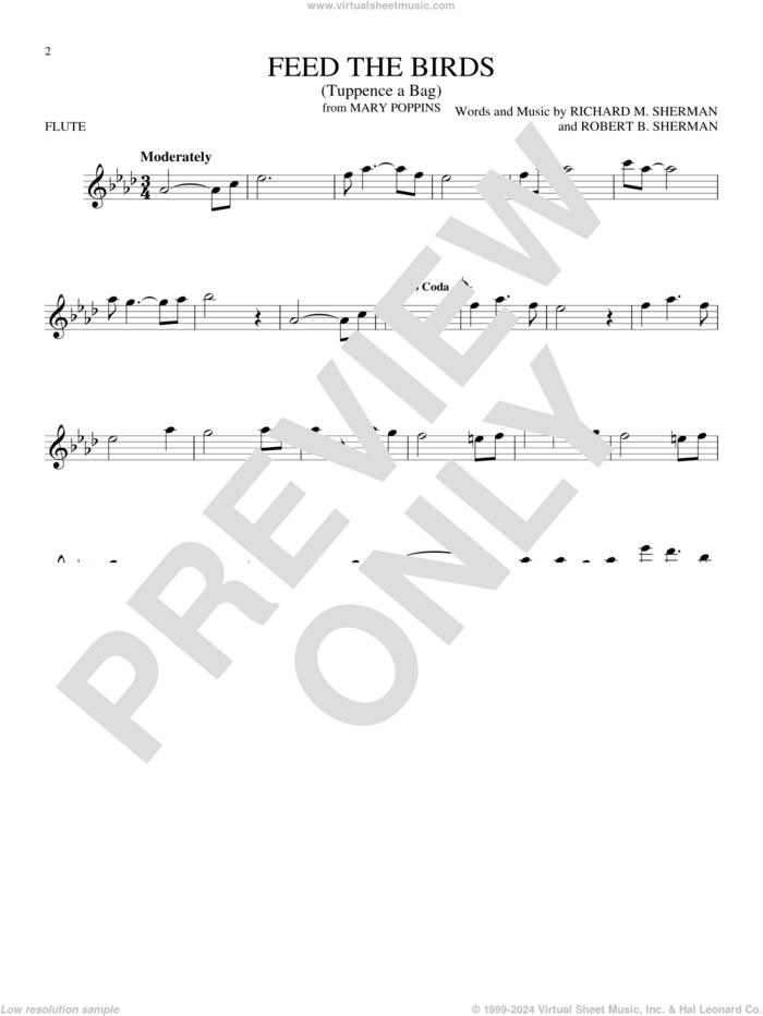 Feed The Birds (Tuppence A Bag) (from Mary Poppins) sheet music for flute solo by Sherman Brothers, Richard M. Sherman and Robert B. Sherman, intermediate skill level