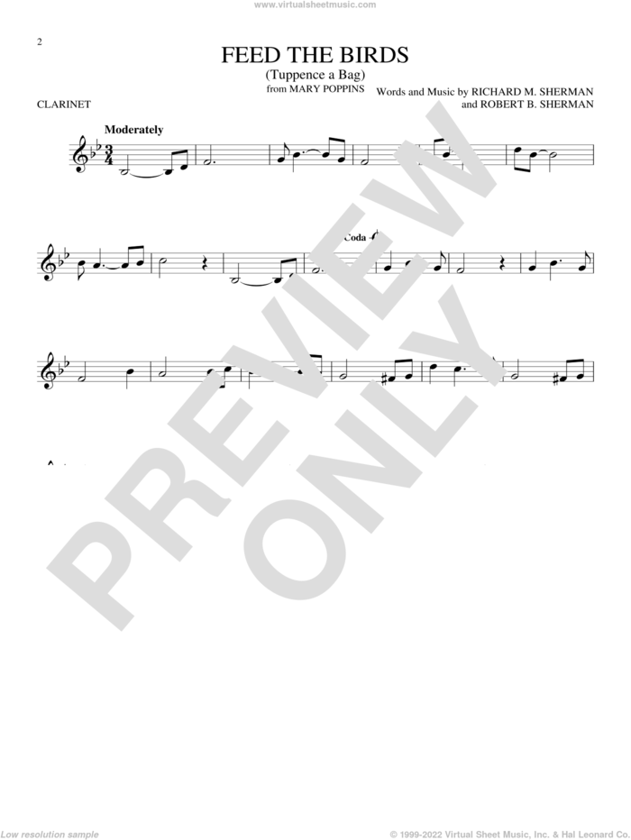 Feed The Birds (Tuppence A Bag) (from Mary Poppins) sheet music for clarinet solo by Sherman Brothers, Richard M. Sherman and Robert B. Sherman, intermediate skill level