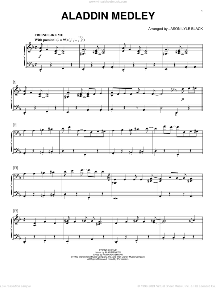 Aladdin Medley (arr. Jason Lyle Black) sheet music for piano solo by Alan Menken, Jason Lyle Black, Alan Menken, Howard Ashman and Tim Rice, Howard Ashman and Tim Rice, intermediate skill level