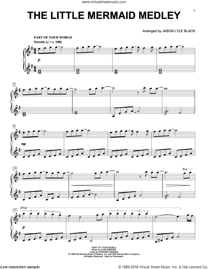 The Little Mermaid Medley (arr. Jason Lyle Black) sheet music for piano solo by Alan Menken, Jason Lyle Black, Alan Menken & Howard Ashman and Howard Ashman, intermediate skill level