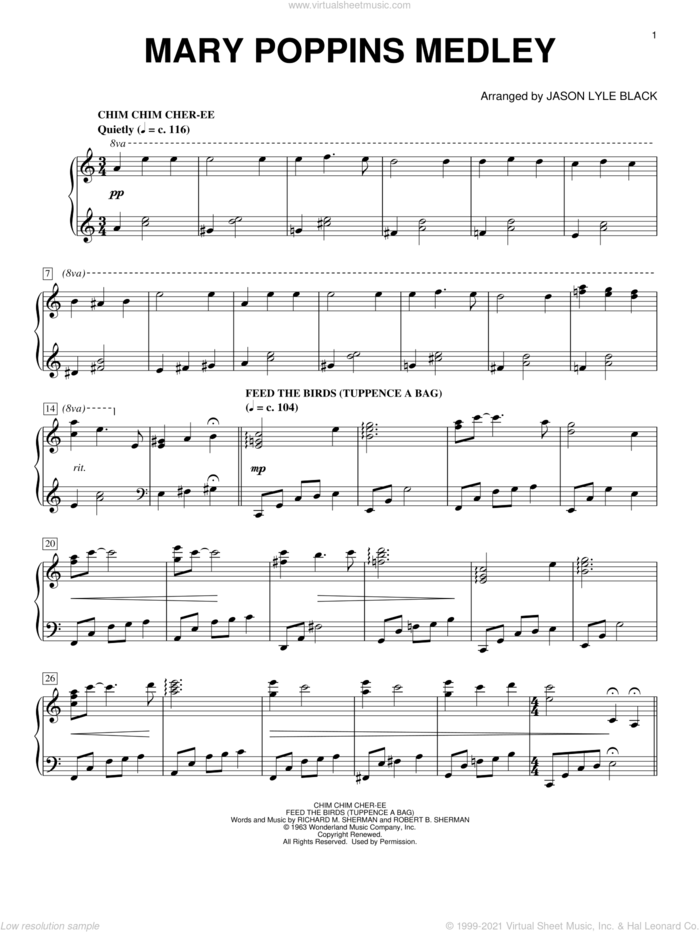 Mary Poppins Medley (arr. Jason Lyle Black) sheet music for piano solo by Richard M. Sherman, Jason Lyle Black, New Christy Minstrels, Robert B. Sherman and Sherman Brothers, intermediate skill level
