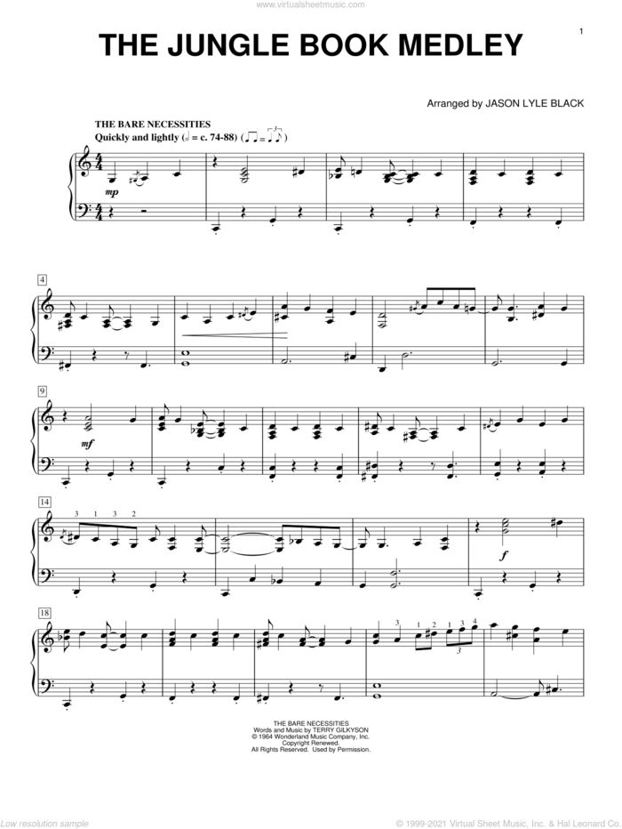 The Jungle Book Medley (arr. Jason Lyle Black) sheet music for piano solo by Richard M. Sherman, Jason Lyle Black, Robert B. Sherman, Sherman Brothers & Terry Gilkyson and Terry Gilkyson, intermediate skill level