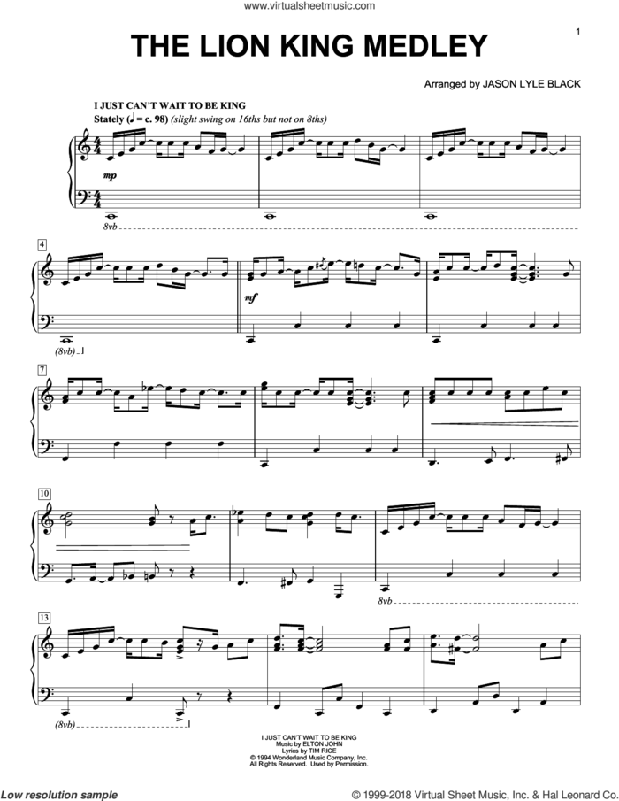 Lion King Medley (arr. Jason Lyle Black) sheet music for piano solo by Elton John, Jason Lyle Black, Elton John & Tim Rice and Tim Rice, intermediate skill level