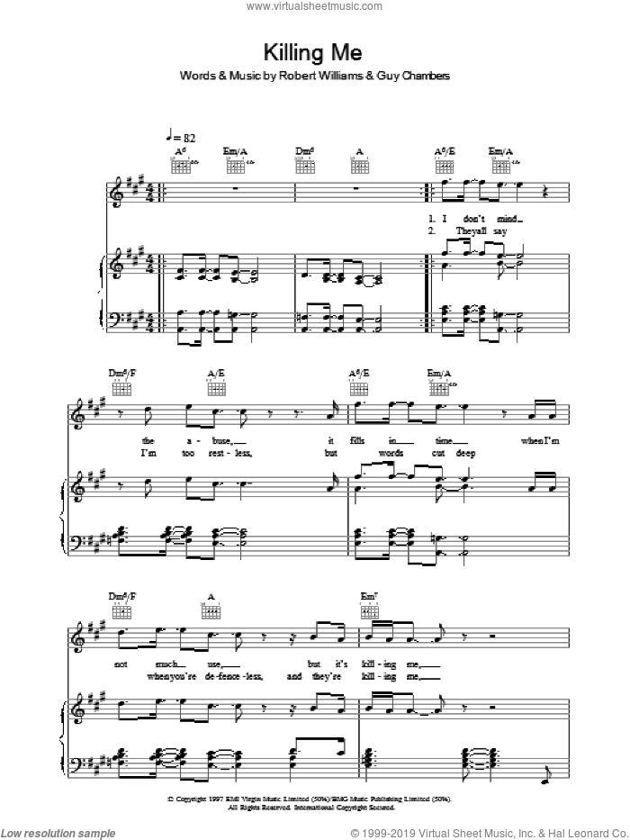 Killing Me sheet music for voice, piano or guitar by Robbie Williams, Guy Chambers and Robert Williams, intermediate skill level