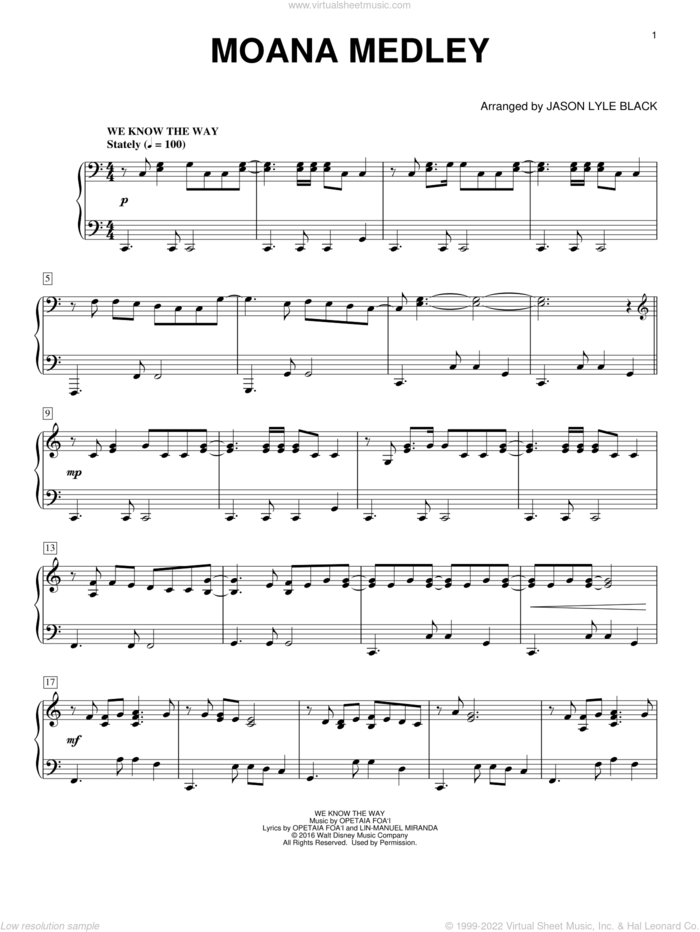 Moana Medley (arr. Jason Lyle Black) sheet music for piano solo by Lin-Manuel Miranda and Jason Lyle Black, intermediate skill level