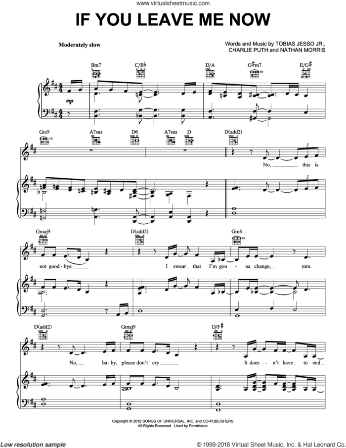 If You Leave Me Now sheet music for voice, piano or guitar by Charlie Puth feat. Boyz II Men, Charlie Puth, Nathan Morris and Tobias Jesso Jr., intermediate skill level