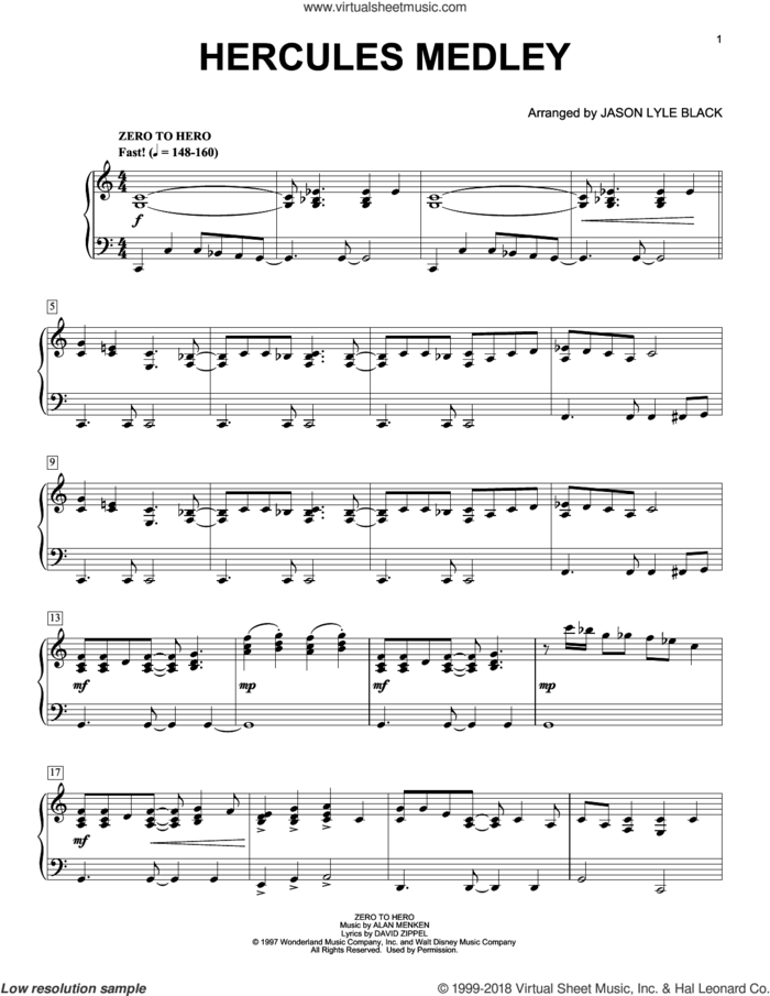 Hercules Medley (arr. Jason Lyle Black) sheet music for piano solo by Alan Menken, Jason Lyle Black, Alan Menken & David Zippel and David Zippel, intermediate skill level