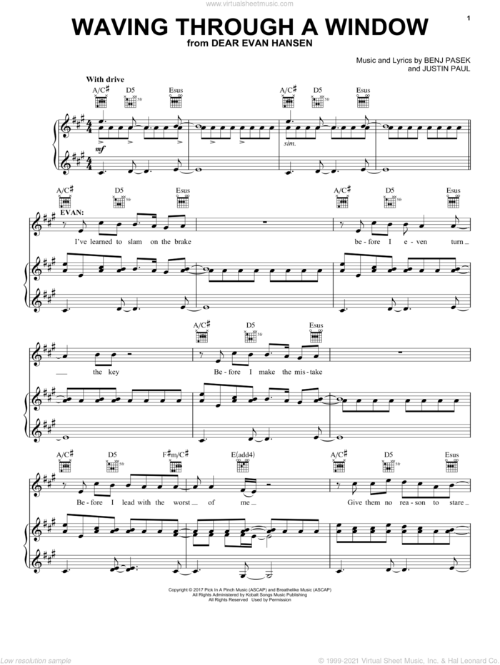 Waving Through A Window sheet music for piano, voice or guitar by Pasek & Paul, Benj Pasek and Justin Paul, intermediate skill level