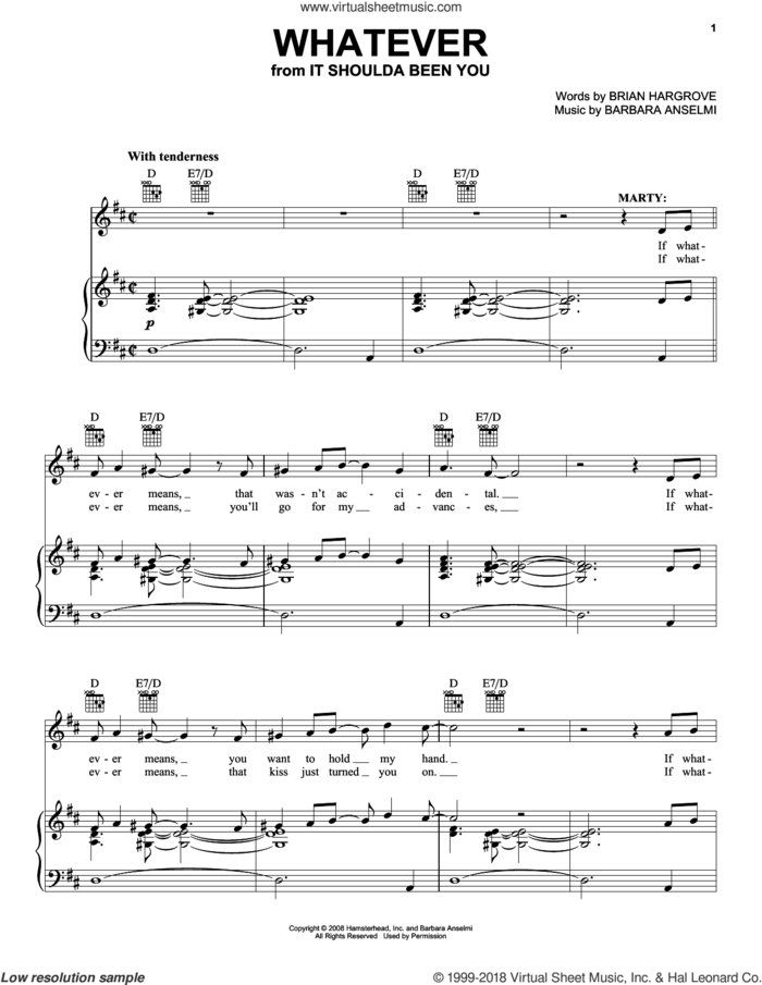 Whatever sheet music for voice, piano or guitar by Barbara Anselmi and Brian Hargrove, intermediate skill level
