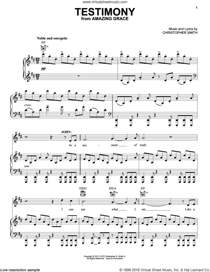 Testimony sheet music for voice, piano or guitar by Christopher Smith, intermediate skill level