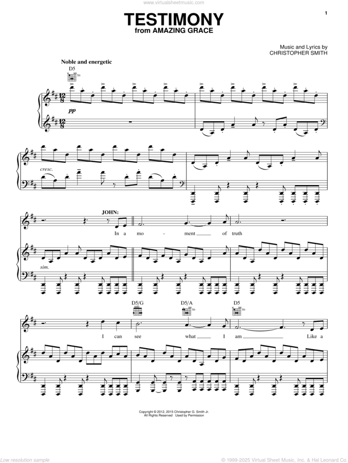 Testimony sheet music for voice, piano or guitar by Christopher Smith, intermediate skill level