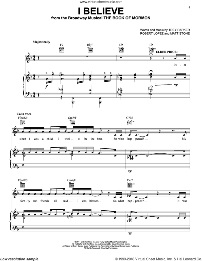 I Believe sheet music for voice, piano or guitar by Robert Lopez, Matt Stone and Trey Parker, intermediate skill level