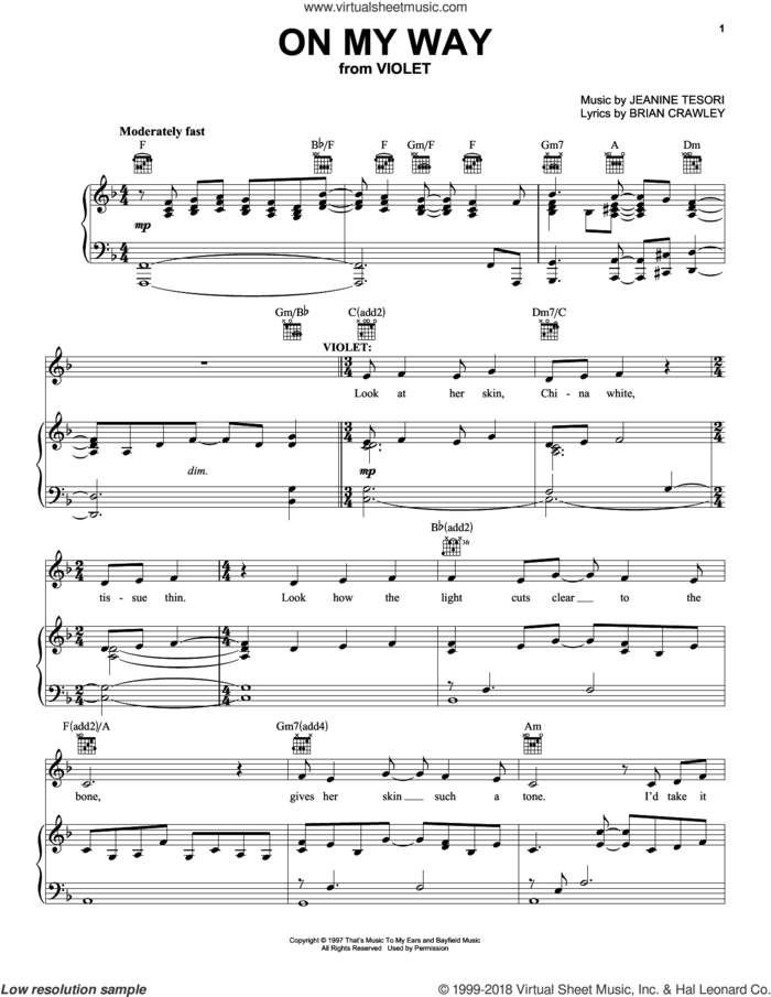 On My Way sheet music for voice, piano or guitar by Jeanine Tesori and Brian Crawley, intermediate skill level
