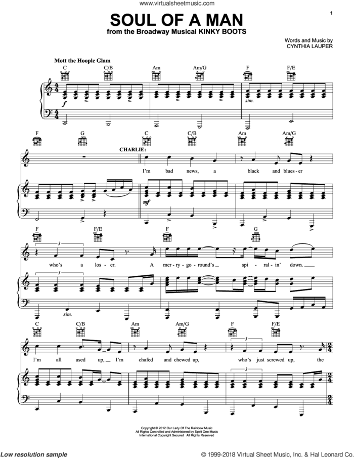 Soul Of A Man sheet music for voice, piano or guitar by Cynthia Lauper, intermediate skill level