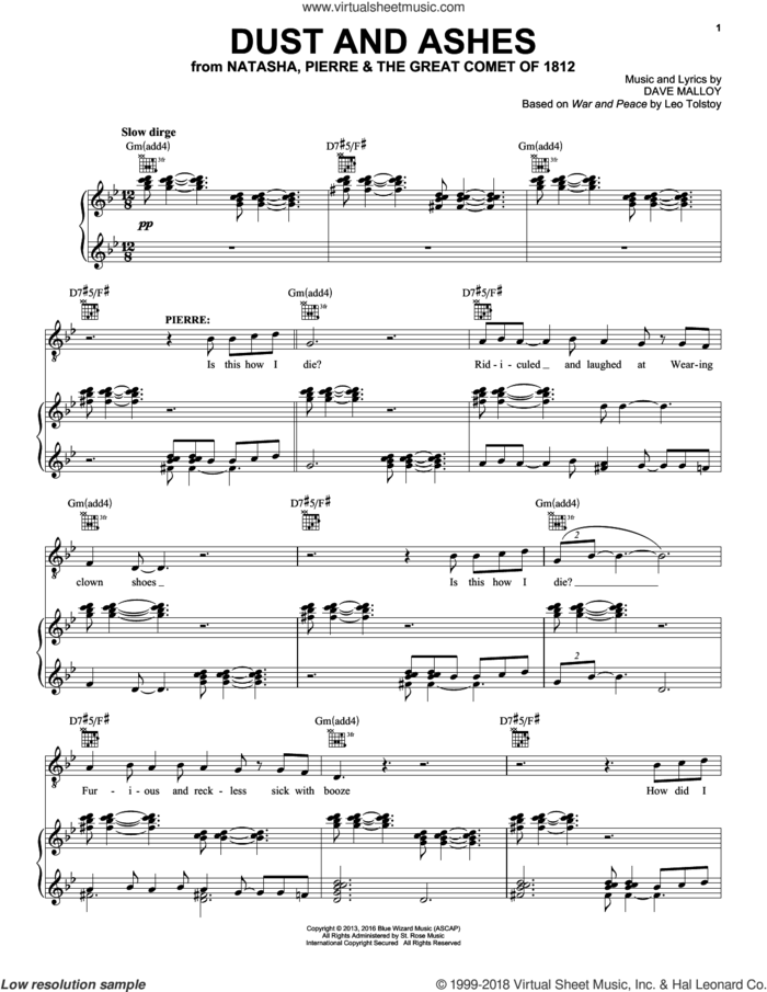 Dust And Ashes sheet music for voice, piano or guitar by Dave Malloy, intermediate skill level