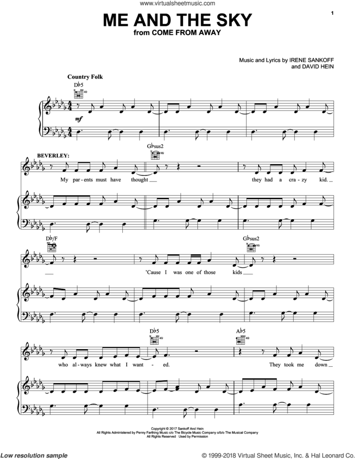Me And The Sky sheet music for voice, piano or guitar by Irene Sankoff and David Hein, intermediate skill level