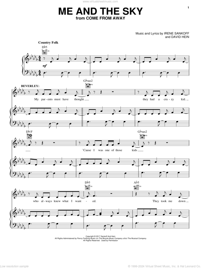 Me And The Sky sheet music for voice, piano or guitar by Irene Sankoff and David Hein, intermediate skill level