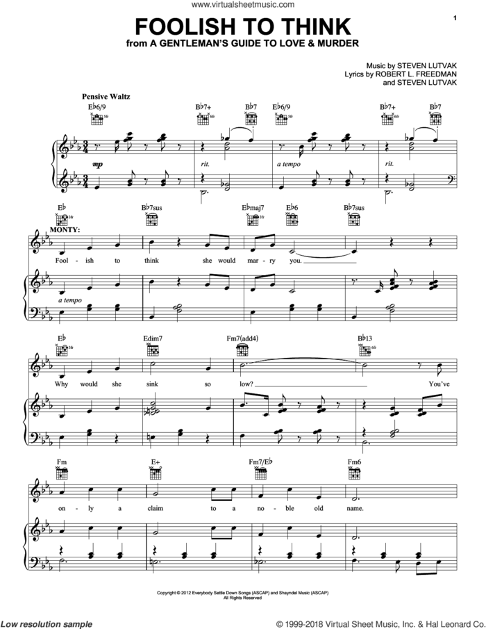 Foolish To Think sheet music for voice, piano or guitar by Steven Lutvak and Robert L. Freedman, intermediate skill level