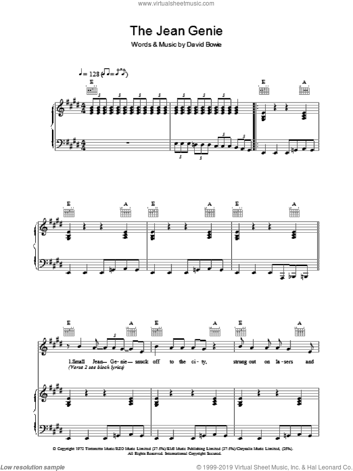 The Jean Genie sheet music for voice, piano or guitar by David Bowie, intermediate skill level