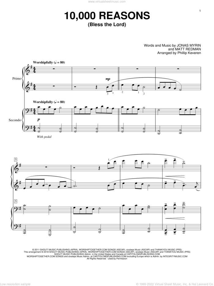 10,000 Reasons (Bless The Lord) (arr. Phillip Keveren) sheet music for piano four hands by Matt Redman, Phillip Keveren and Jonas Myrin, intermediate skill level