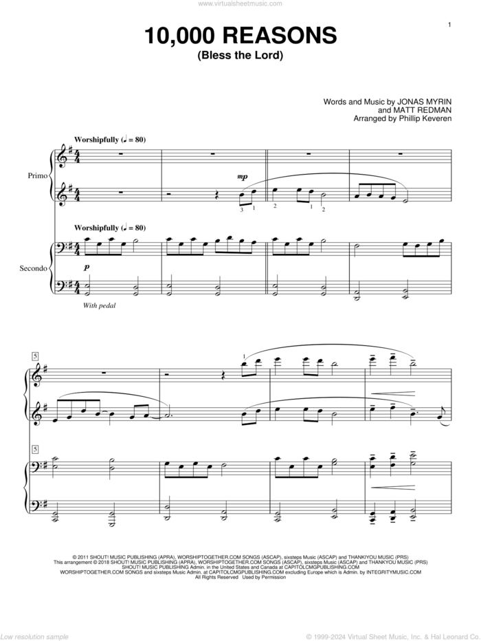 10,000 Reasons (Bless The Lord) (arr. Phillip Keveren) sheet music for piano four hands by Matt Redman, Phillip Keveren and Jonas Myrin, intermediate skill level