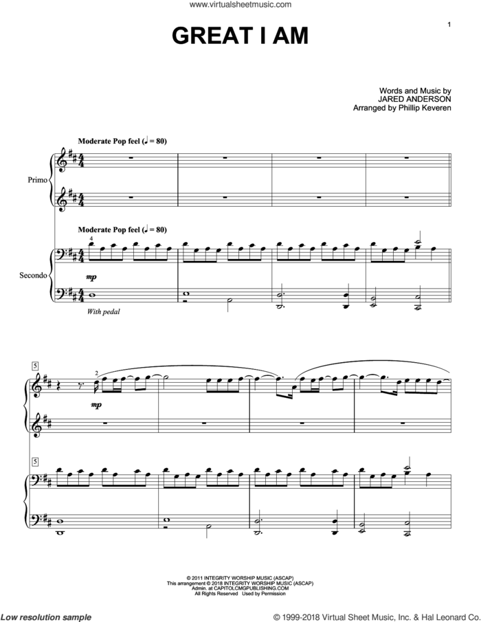 Great I Am (arr. Phillip Keveren) sheet music for piano four hands by Jared Anderson and Phillip Keveren, intermediate skill level