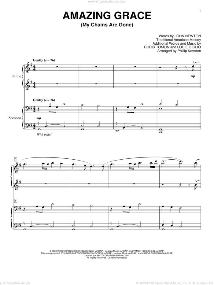 Amazing Grace (My Chains Are Gone) (arr. Phillip Keveren) sheet music for piano four hands by Chris Tomlin, Phillip Keveren, John Newton, Louie Giglio and Miscellaneous, intermediate skill level