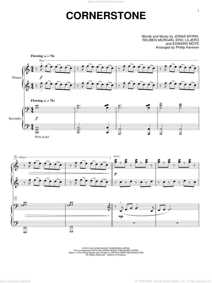 Cornerstone (arr. Phillip Keveren) sheet music for piano four hands by Reuben Morgan, Phillip Keveren, Hillsong Live, Eric Liljero and Jonas Myrin, intermediate skill level