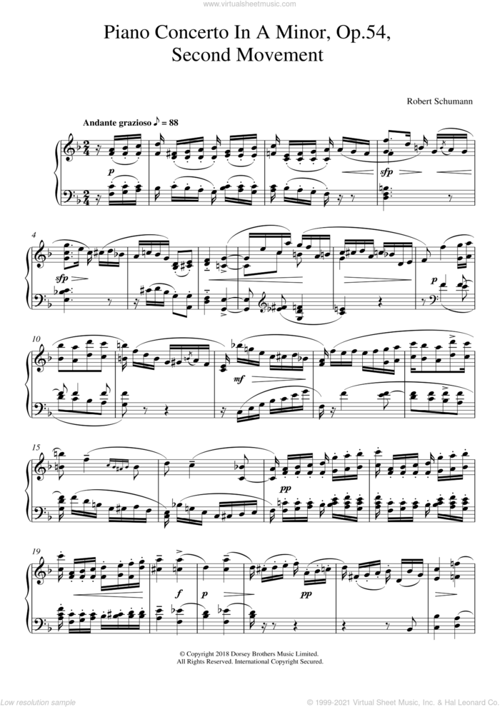 Piano Concerto In A Minor, Op.54, Second Movement sheet music for piano solo by Robert Schumann, classical score, intermediate skill level