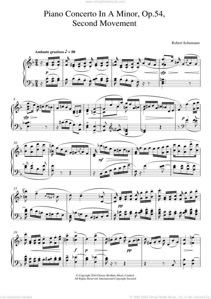 Piano Concerto In A Minor, Op.54, Second Movement sheet music for piano solo by Robert Schumann, classical score, intermediate skill level