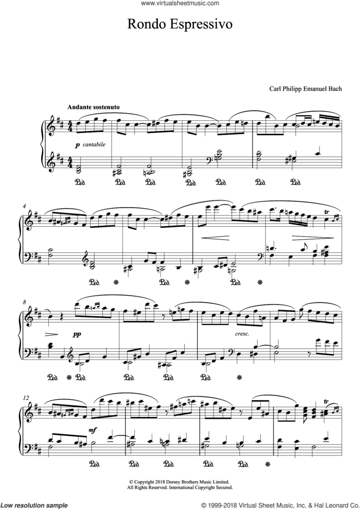 Rondo Espressivo sheet music for piano solo by Carl Philipp Emanuel Bach and Carl Philip Emanuel Bach, classical score, intermediate skill level