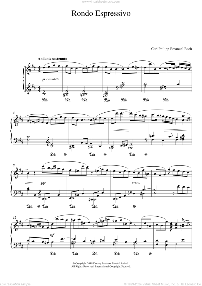 Rondo Espressivo sheet music for piano solo by Carl Philipp Emanuel Bach and Carl Philip Emanuel Bach, classical score, intermediate skill level