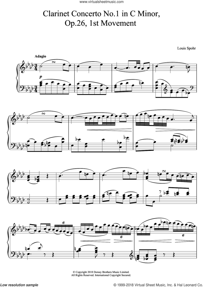 Clarinet Concerto No.1 In C Minor, Op.26, 2nd Movement sheet music for piano solo by Louis Spohr, classical score, intermediate skill level