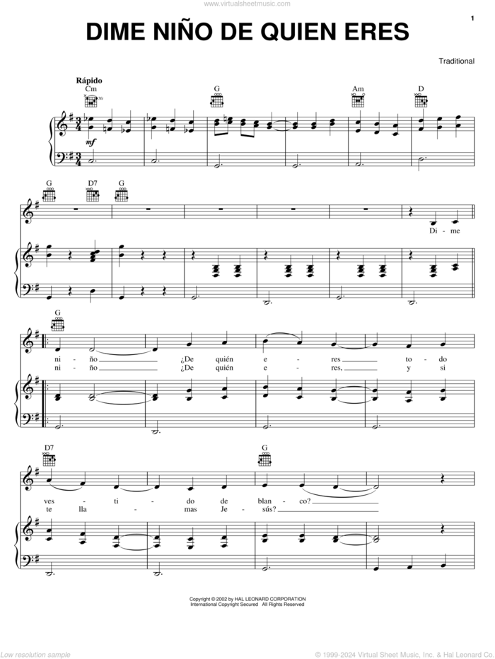 Dime Nino De Quien Eres sheet music for voice, piano or guitar, intermediate skill level