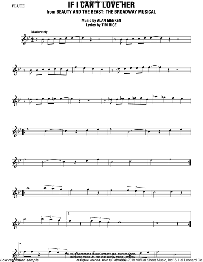 If I Can't Love Her (from Beauty And The Beast: The Musical) sheet music for flute solo by Alan Menken, Alan Menken & Tim Rice and Tim Rice, intermediate skill level