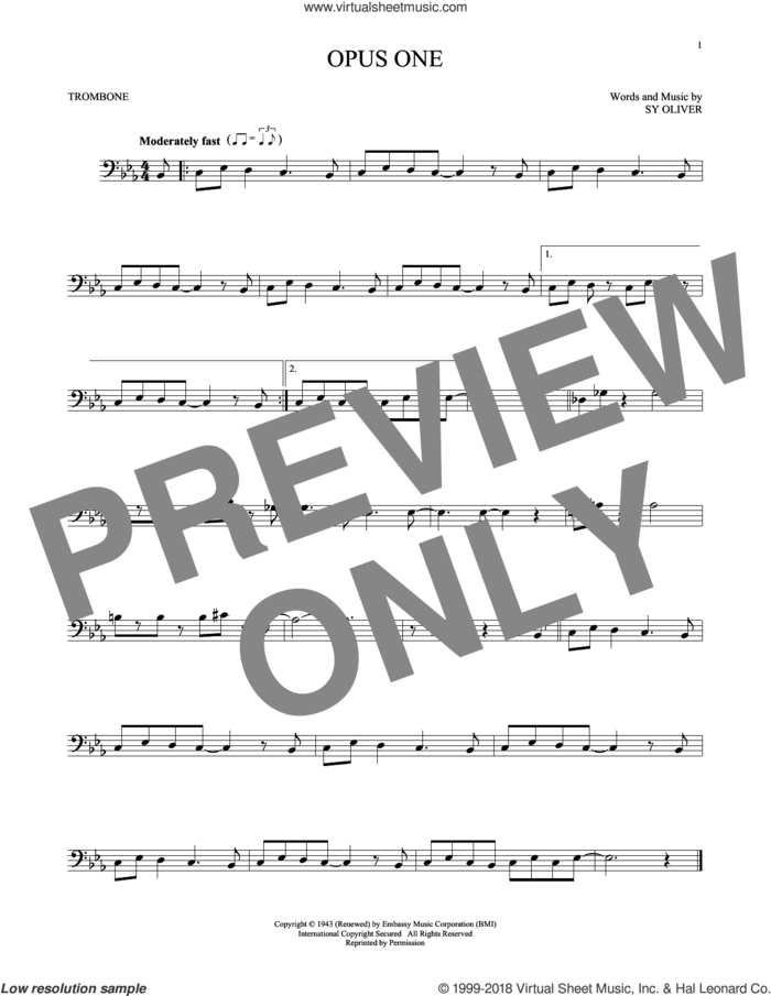 Opus One sheet music for trombone solo by Sy Oliver, intermediate skill level