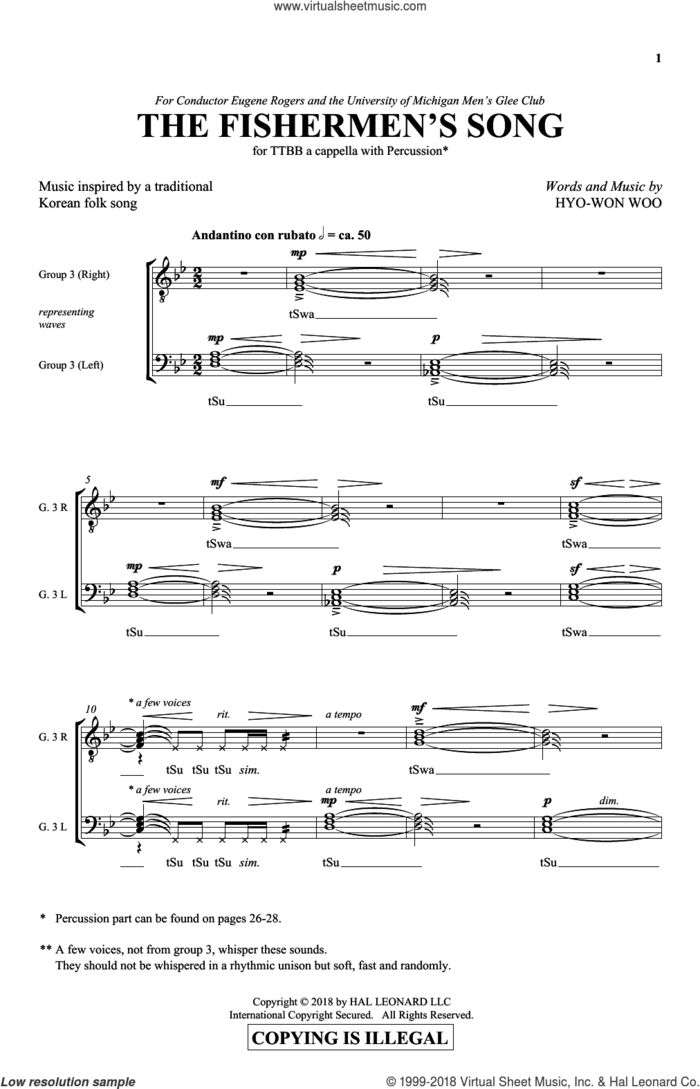 The Fishermen's Song sheet music for choir (TTBB: tenor, bass) by Hyo-Won Woo, intermediate skill level