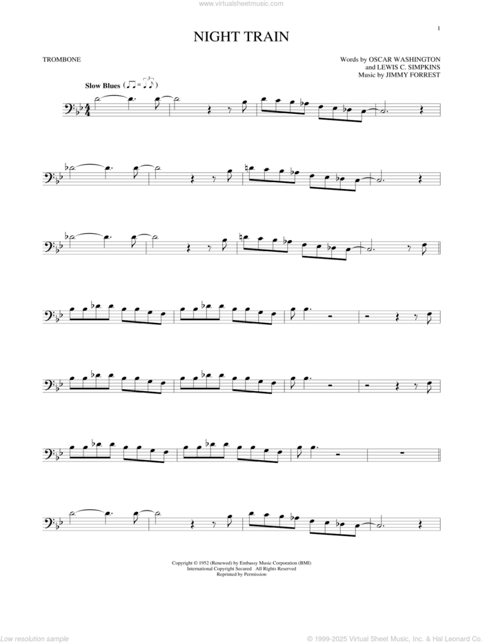 Night Train sheet music for trombone solo by Jimmy Forrest, Buddy Morrlow, Lewis C. Simpkins and Oscar Washington, intermediate skill level